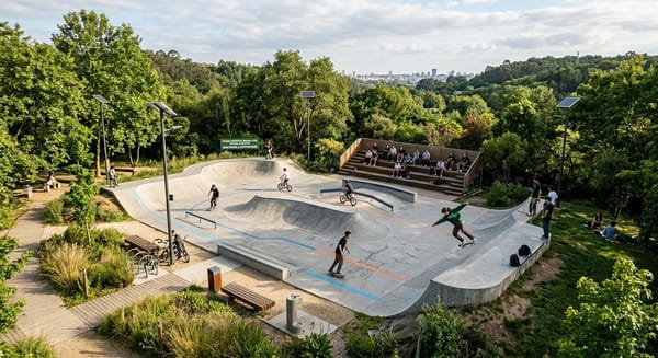Imagen ilustrativa de un parque de deportes urbanos con pistas de skate, BMX y patinete